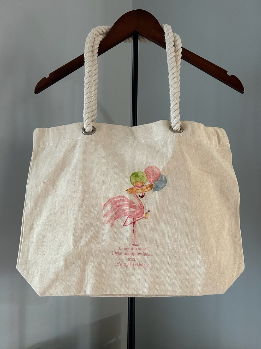 NWOT Canvas Birthday Flamingo Tote Bag in Cream with Pink Accent